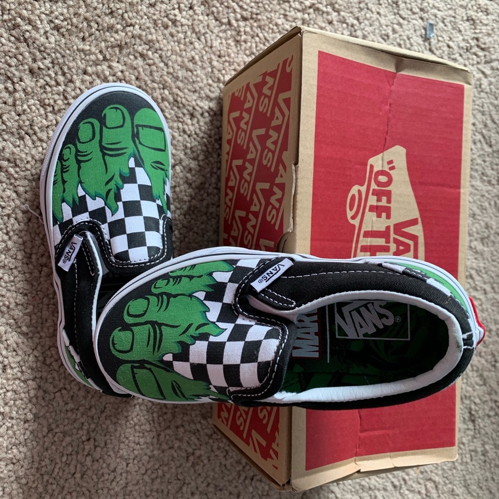 Hulk checkerboard Vans. Children’s size 10.5